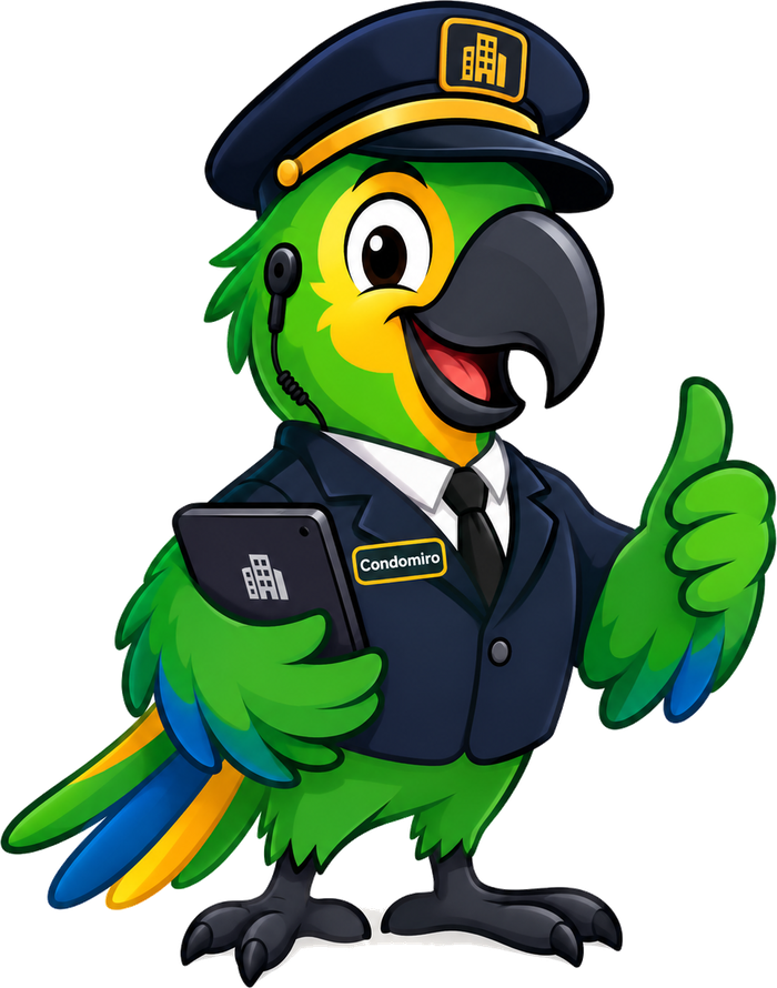 Mascote do Condomiro: papagaio de uniforme de portaria, com tablet na mão, fazendo sinal de positivo